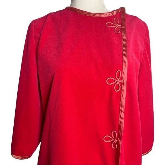 Vintage 80s Velour Full Length Housecoat Robe M Pink Zip Front Ribbon Trim - Picture 1 of 6